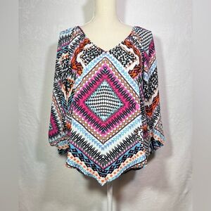 HeartSoul Aztec Print Blouse V-Neck Pink Teal Black White Southwestern Top L
